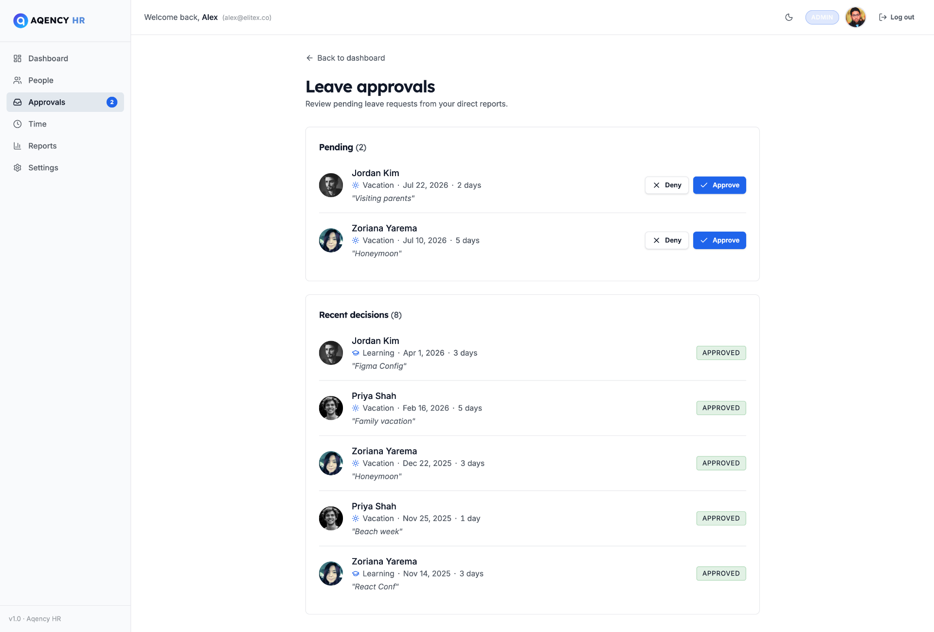 Leave approvals page with pending requests and recent decisions