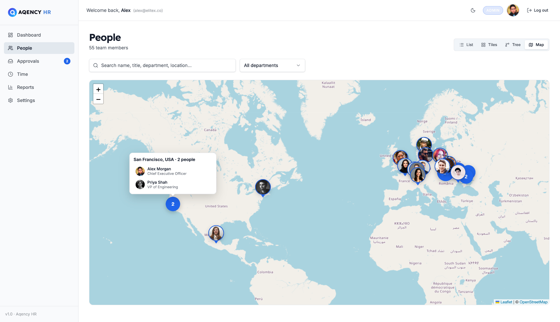 Interactive world map showing team members clustered by city