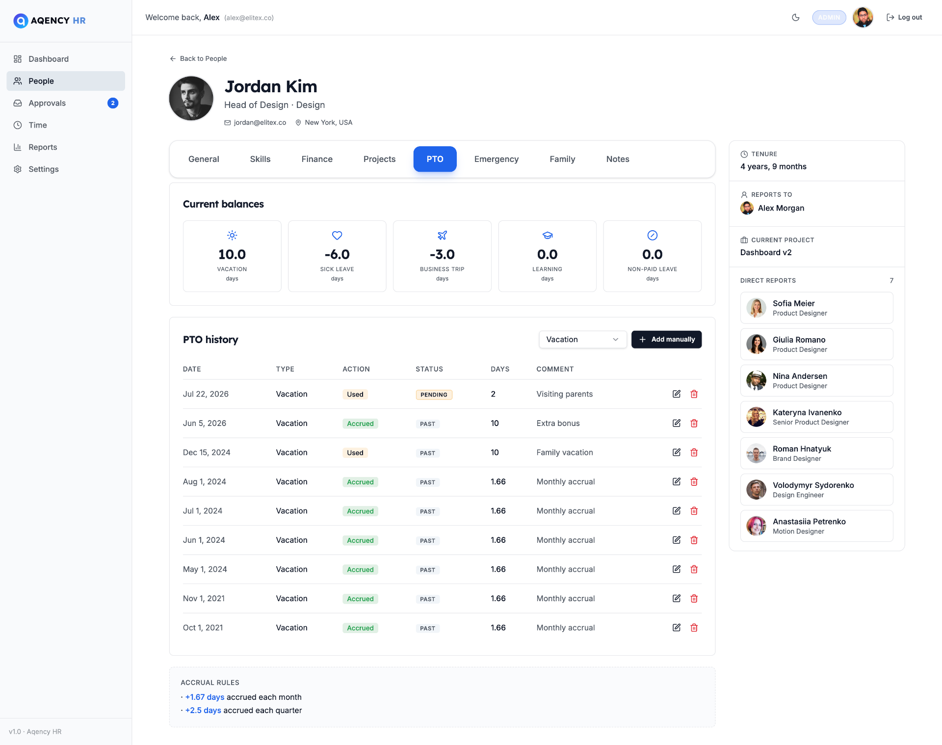 Employee profile page with PTO balances and full history