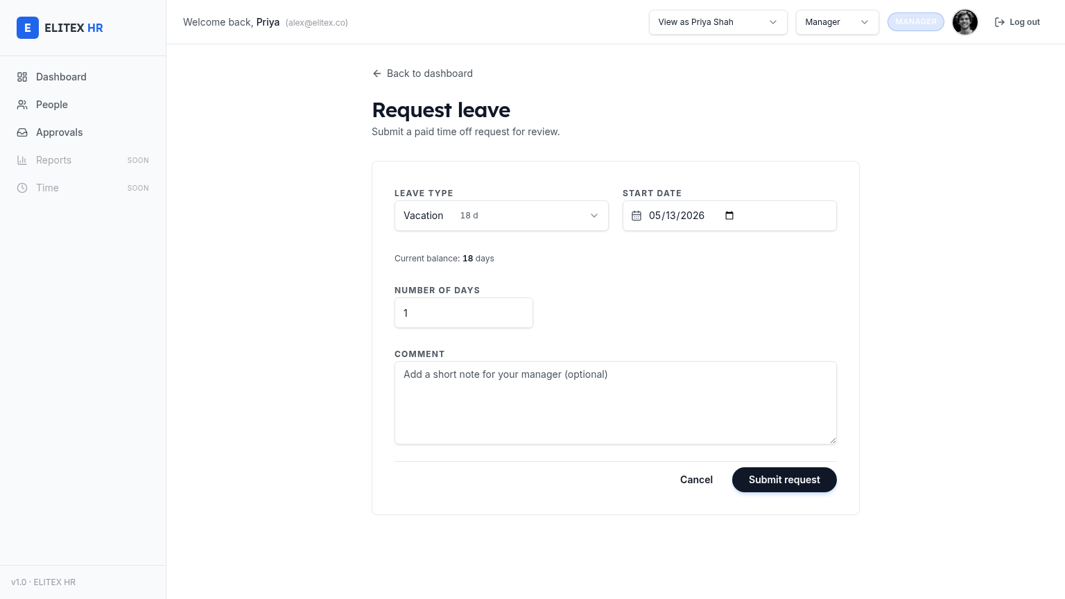 Request leave form with leave type, start date and number of days