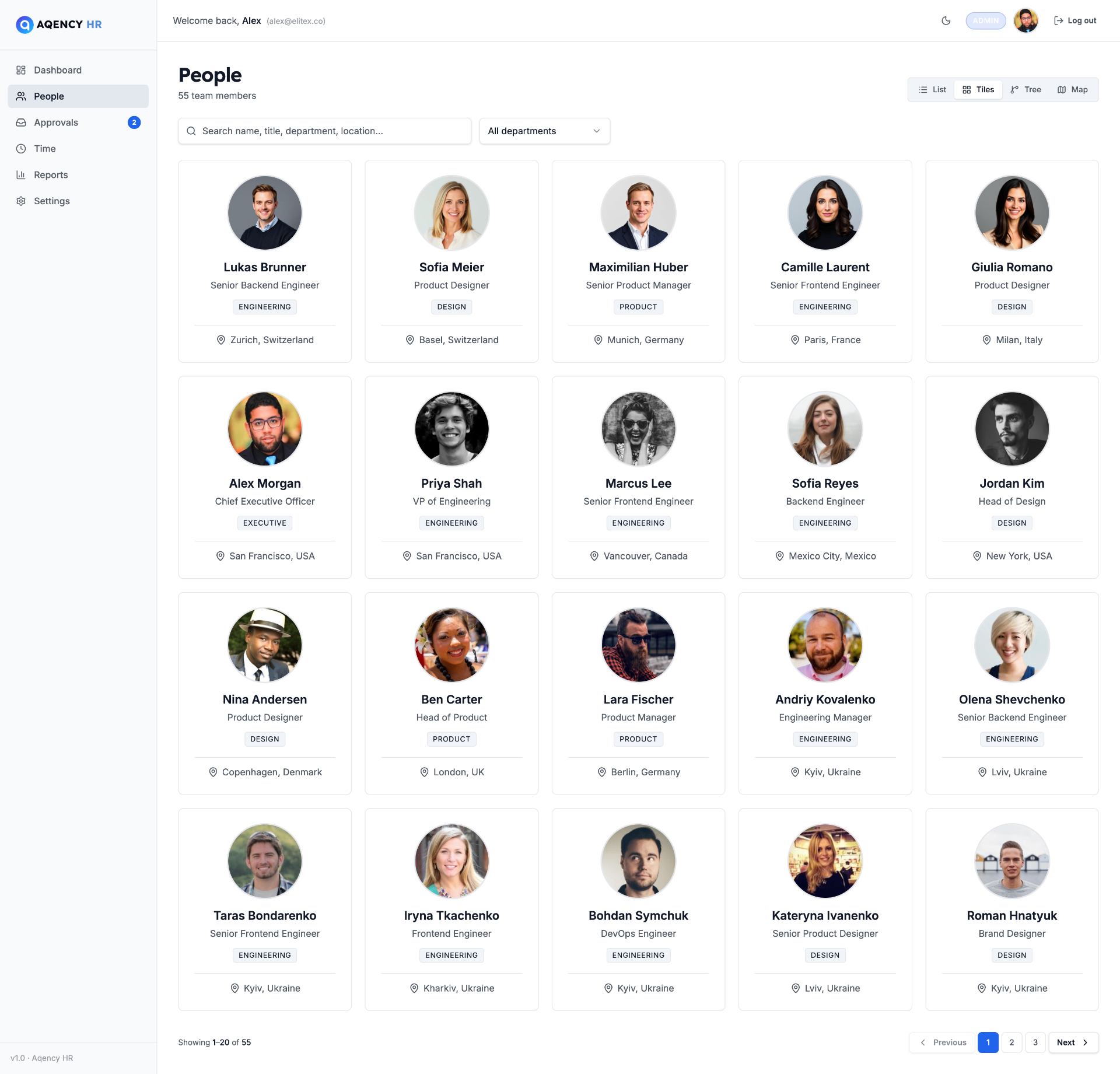 People directory tile view with avatars, titles, departments and locations